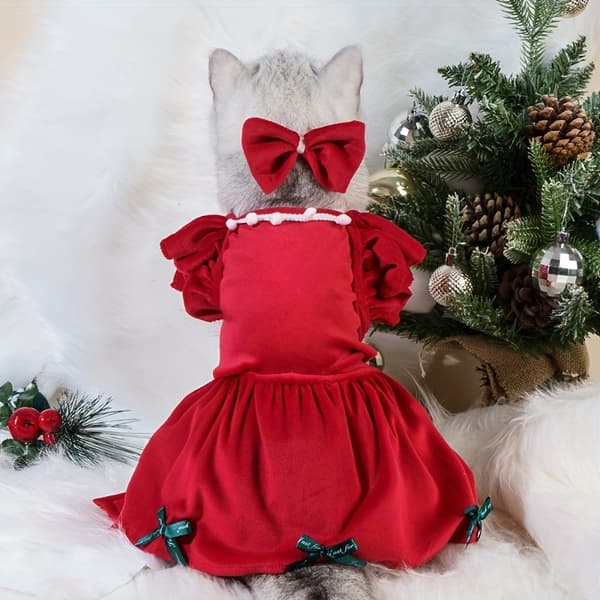 Julkatt Klänning för Husdjur, Dockkrage Tweed Förtjockad Höst/Vinter Outfit Red S