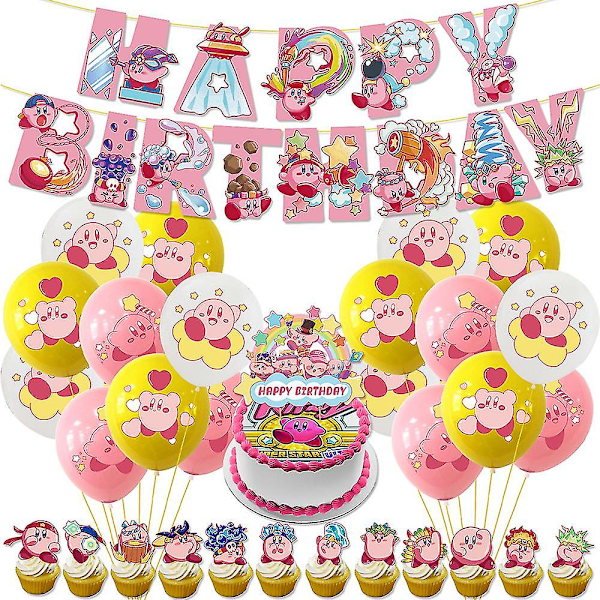 Star Kirby-tema Bursdagsfest Utstyr Sett Ballonger Banner Kake Toppere Dekorasjonssett
