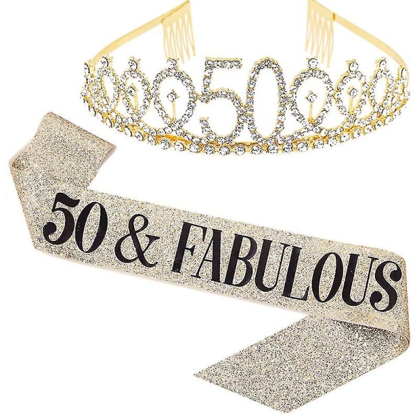 "50 And Fabulous" Sash & Rhinestone Tiara Set - 50th Birthday Sash 50 Födelsedagspresenter Festfavoriter,guld