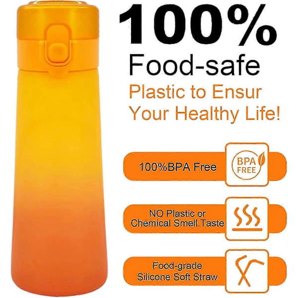 Luft Vandflaske med 5 Smagspuder, 750 ml Sports Luft Vandflaske med Sugerør, Lækagesikker Drikkeflaske med Frugtsmag til Udendørs Brug (LGL) Gradient Orange
