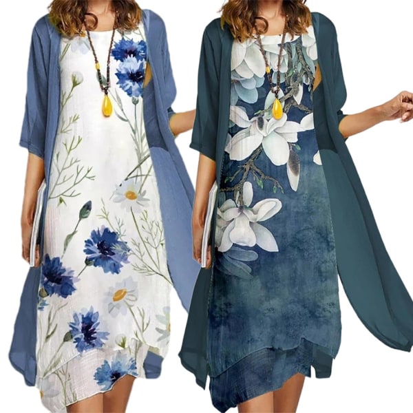 1 Set Kontorsdam Cardigan Klänning Blommigt Bohemisk Vår Sommar Chiffong Lång Klänning Set För Fest Blue 3XL