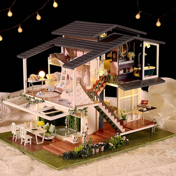 Miniatyr Dockhus Möbler Kit Trä LED Ljus Leksaksset Självmontering Colourful