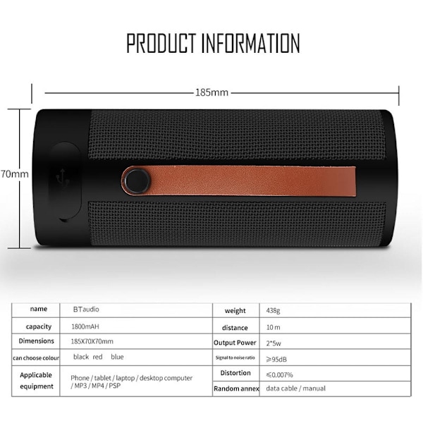 Trådlös Bluetooth 5.0 högtalare för utomhusbruk, subwoofer, multifunktionell bärbar musikspelare, stereohögtalare, minihögtalare | (svart)