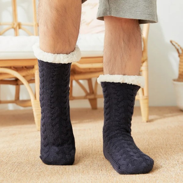 Thermal strumpor Herr Vinter varm Hem Mjuk Manlig Bomull Förtjockad Plus Sammet Sova Anti Skid Grip Kort Golv Slipper Sock navy blue Euro size 39-45