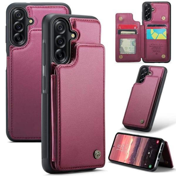 (For Samsung A56 5G) PU Leather Wallet Case with RFID Protection and Stand Function, 5 Card Slots, Double Magnetic Clasp brun