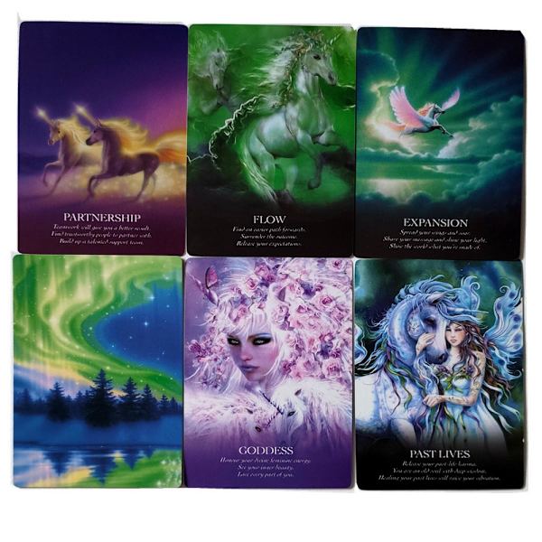 Kort, mystisk förmögenhet, tarotspel, spådom, enhörning.