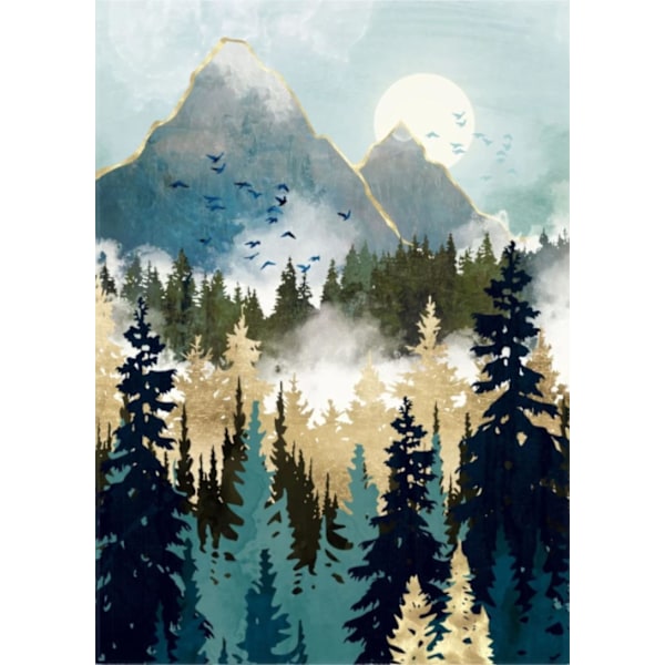Misty Mountain Forest Diamond Art Set, Abstrakt Diamantmålningskit för Vuxna, Rund Diamantmålningsgåva, Väggdekor (12x16)