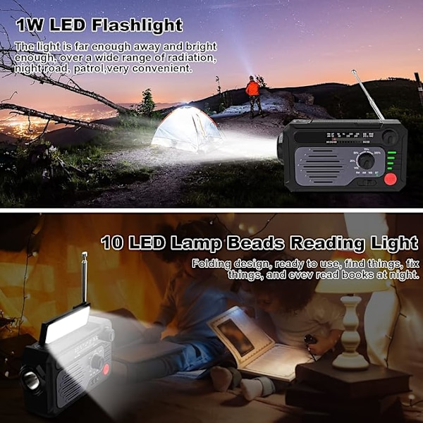 Multifunksjonell Solar Radio & Powerbank – USB-oppladbar med lommelykt, leselys og 3 lademetoder for utendørs bruk