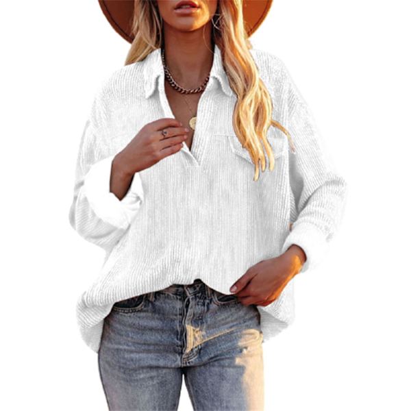 Dame Fløjlsbluse Langærmet Skjorte Oversized Jakke Toppe Løs Revers Bluse Efterårsudvalg White M