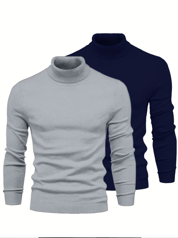 stk herresweatere høj hals lange ærmer - bløde, elastiske, afslappede pullovers til efterår/vinter & fitness L Marinblå+grå