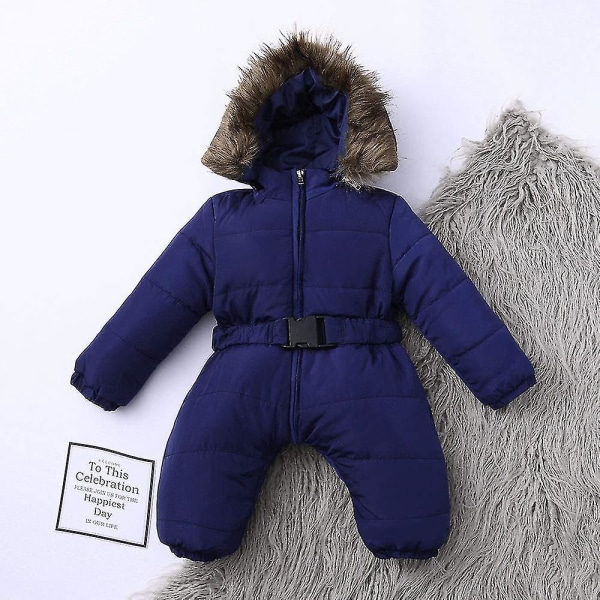 Unisex jumpsuit med huva för baby för 0-24 månader Pojkar Flickor Jumpsuit Romper med pälskrage Dark Blue 75cm