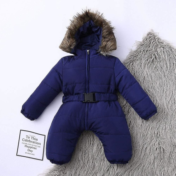 Unisex jumpsuit med huva för baby för 0-24 månader Pojkar Flickor Jumpsuit Romper med pälskrage Dark Blue 80cm