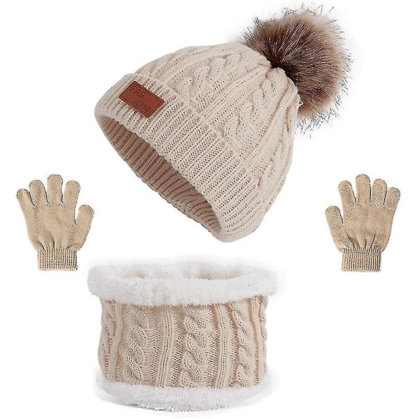3st Winter Girls Beanie Hat Scarf Och Handskar Sets Classic Knit Warm Cap