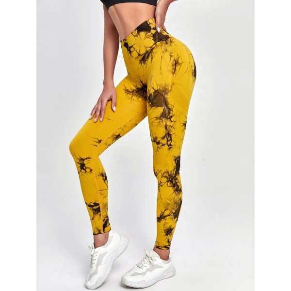 Tie Dye Yoga Byxor Sport Leggings Kvinnor Sömlös Hög midja Push Up Kvinna Strumpbyxor Fitness Träning Leggins Gym Kläder 2023 Ny Yellow black S