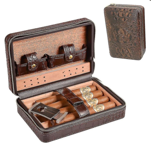 Läder Resecigarr Humidor Case 4 Cigarrer Svartbrun