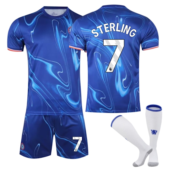 Chelsea Hemmaställ Barn Fotbollströja 2024-2025 Hemmaställ Stering Nr 7 - Strumpor 28 Nr 7 - Strumpor No. 7 - Socks 28