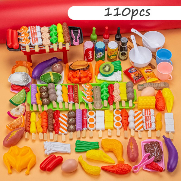 Barn Låtsaslek Kök Leksak Simulering Mat Grönsaker Grill Matlagningsset Pedagogiskt Lekhus Interaktiva Leksaker för Flicka A0002 Z 110PCS