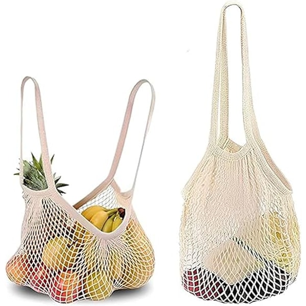 2 stk. nettinghandleposer, nettingposer, netting fruktposer, gjenbrukbare nettinghandleposer, beige