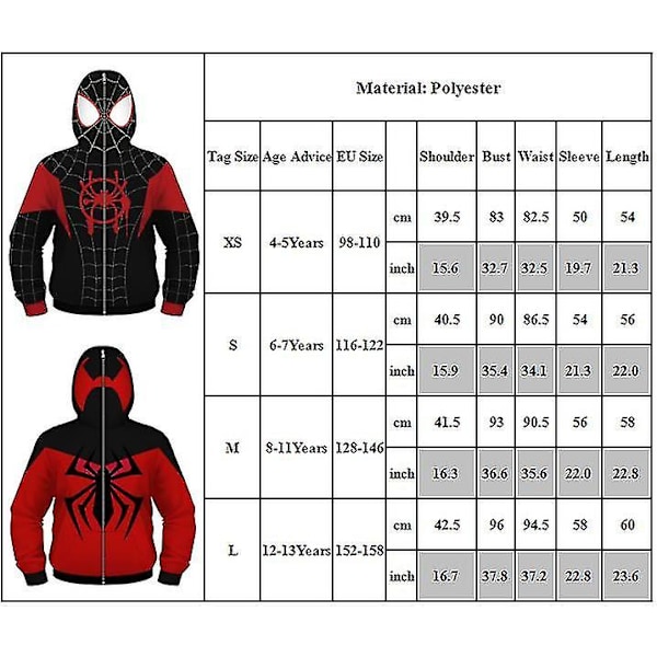 Barn Pojke Spider-Man Huvtröjor Sweatshirt med huva Dragkedja Rock Jacka Topp Ytterkläder Fans Present Svart Mil Black Miles 8-11 Years