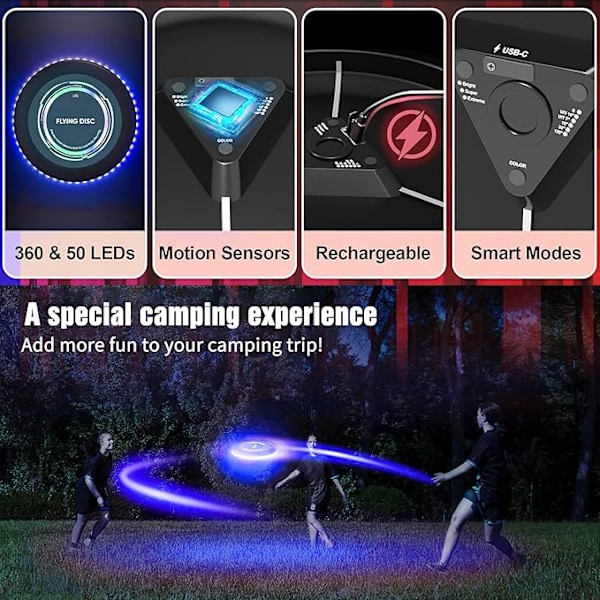 Lysande Frisbee - RGB-ljus, Uppladdningsbar, 50 LED-lampor Superstark, Rörelsesensor Smart Läge, Lämplig för Uteplats, Gräsmatta, Utomhuslekar (lila) purple
