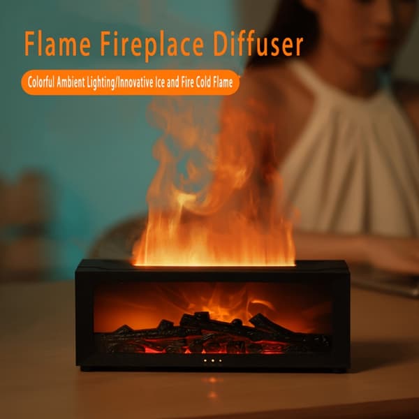 1st Flamma Eldstadsdiffusor, Simulerad Flamma Aromaterapidispenser med Långvarig Doft 【Sort】