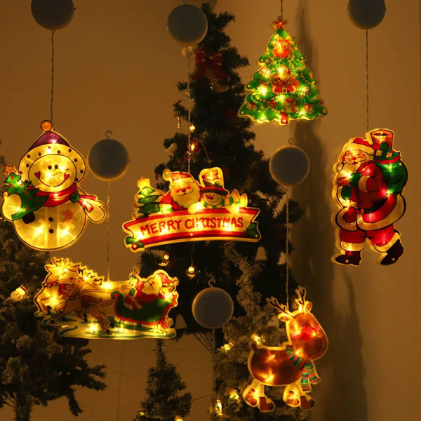1st julfönsterlampor LED blinkande Hängande julfönstersilhuettdekor med sugkoppskrok för juldekor Christmas Tree (s)