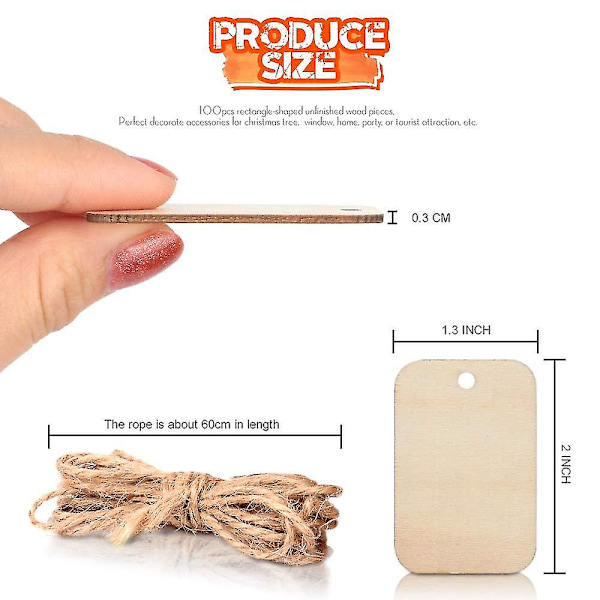 100 st Obehandlade Träbitar Rektangelformade, Ljusa Träutskärningar Naturliga Rustika Med Hål (2.04 X 1.37) 200PCS