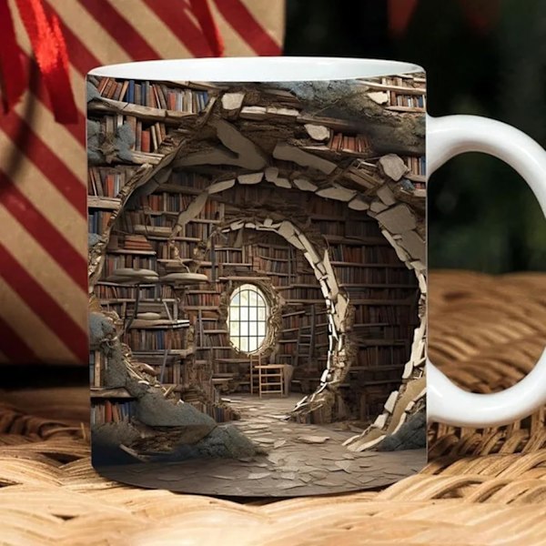 3D Bogreol Krus - Kreativt Rumdesign til Bogelskere - Multifunktionelt Keramisk Krus (11oz, Farve: A)