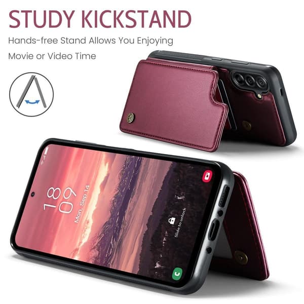 (For Samsung A56 5G) PU Leather Wallet Case with RFID Protection and Stand Function, 5 Card Slots, Double Magnetic Clasp röd