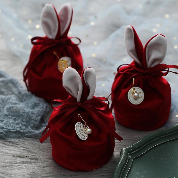 6st röda kaninöra påskpresentpåsar, sammet Alla hjärtans dag chokladgodisförpackningspåse