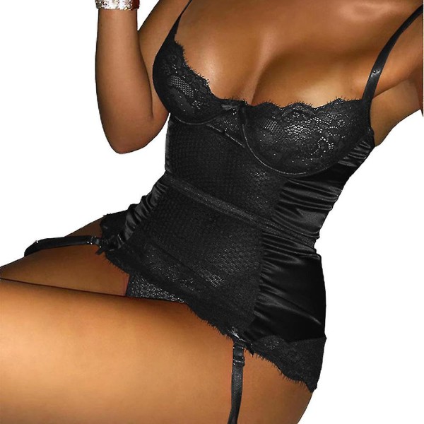 Lady Lace Bodycon Nattlinne Sexig Slip Dress Underkläder Black 2XL