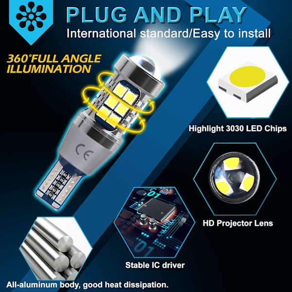 T15 W16W 12V-24V (2-pak) LED bilpære 921 912, 800 lm hvid 6500K, til LED baglygter, parkering, baklys.