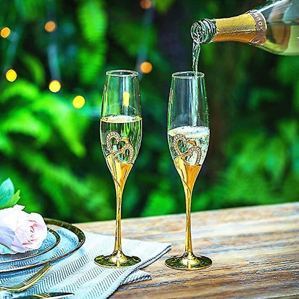 2 st 200 ml Bröllops Champagneglas Set Hjärtan Guld Skålflöjt Vinglas Bägare Party Älskare Jubileum Alla Hjärtans Dag Present