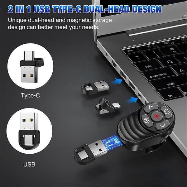 Uppladdningsbar USB Typ C Trådlös Presentation Klicker, Fingerring Presentations Powerpoint Klicker Black