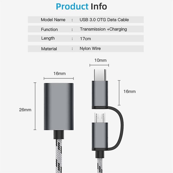 2-i-1 Typ-c Otg till USB 3.0-gränssnitt Otg Adapter Kabel Snabböverföring Kontaktomvandlare för mobiltelefonladdningslinje (10 st)