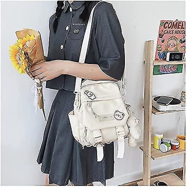 Söta miniryggsäckar med tillbehör Estetisk miniryggsäck för tonåringar Kawaii liten ryggsäck (vit, med tillbehör) feng
