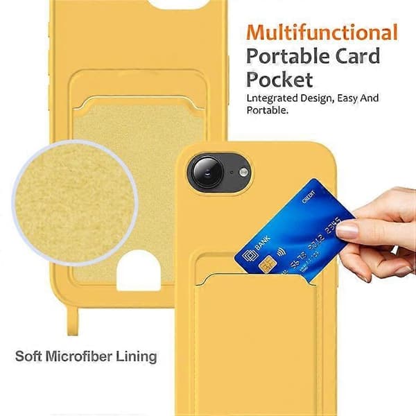 Flydende silikone etui med kortholder og lanyard til iPhone 16e Yellow