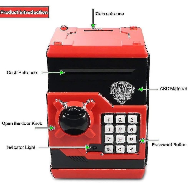 Rosa Spargris för Barn Flickor, Elektronisk Pengabank Mini Bankomat Leksak, Riktig Pengar Sparlåda Med Fingeravtryckslås, Automatisk Papperspengar Mynt Spar Red 7.72 x 5.87 x 5.47 inches