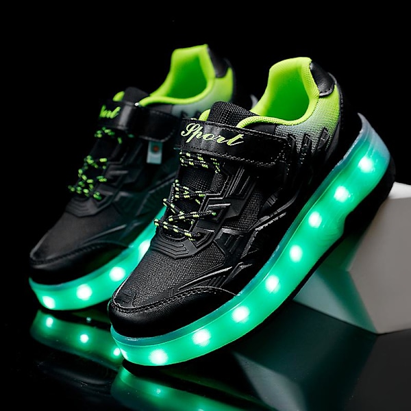 Børns tohjulede lysende sneakers rød pink blå LED lys rulleskøjter sko børn LED sko drenge piger USB opladning Q7- sort Q7- black 28