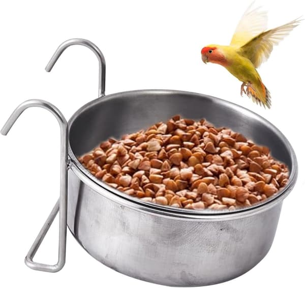 Rustfri stålskål med krog - 14*5,5 cm - 850 ml - Foderautomat - Vandskål - Fuglefoder