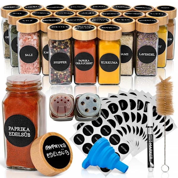 Set med 24 - DECO HAUS kryddburkar med bambulock - Diverse skaktillbehör, tratt, borste, etiketter & kritpenna - 120 ml, 10,5 x 4,3 cm