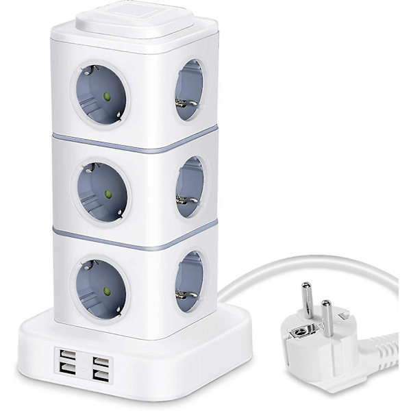 Pistorasiatorni, 12 sähköpistorasiaa (2500 W / 10 A) ja 4 USB-porttia, monipistorasiainen ylijännitesuoja, pystysuora pistorasia