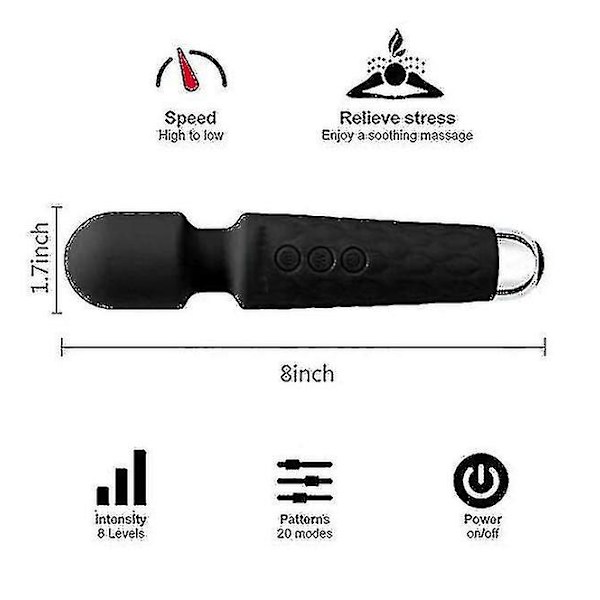 Stavmassager, trådløs elektrisk massager med 8 ultra-kraftige hastighedsområder og 20 pulser - USB genopladelig (sort) feng