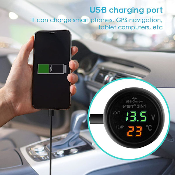 Auton volttimittari, 3-in-1 USB 5V 2A nopea lataus, auton digitaalinen volttimittari, lämpömittaripistorasia, 12-24V autoille, busseille, kuorma-autoille ja matkapuhelimen lataukseen