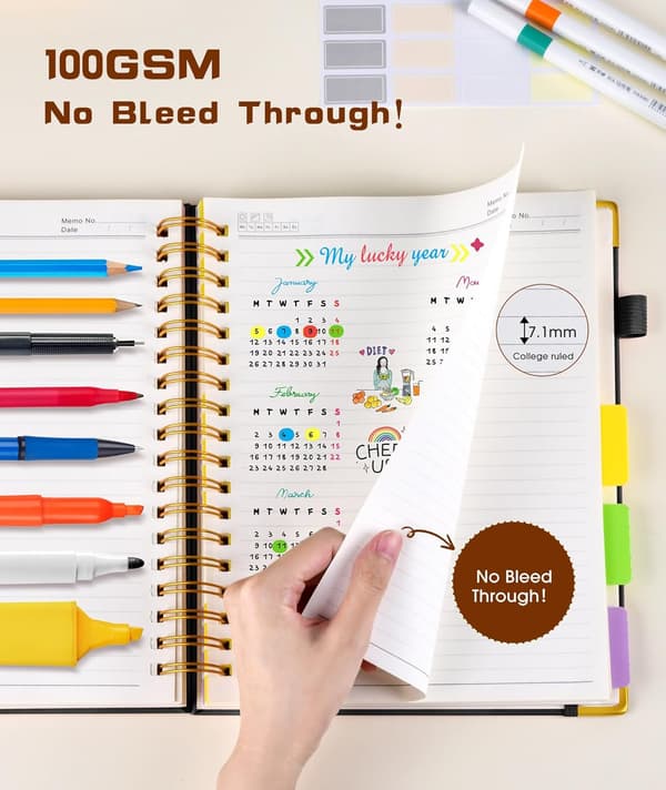 Hardcover Spiral Notebook with Movable Tabs, 300 Pages Leather 5-Subject Notebook Lined, 20x25 cm Large B5 Notebook