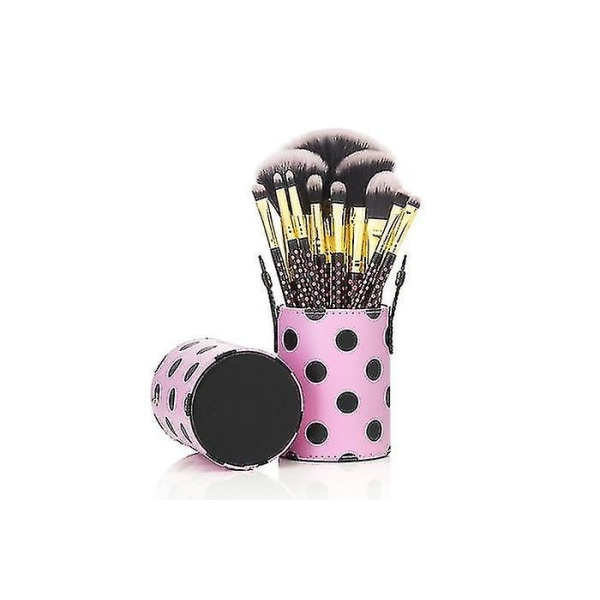 12 Make Up Brushes Cup Sets - 2-färgade Polka Dot Pink Syntetiskt hår Guld Aluminium Ferrule Naturligt trä Handtag Läder Cup A