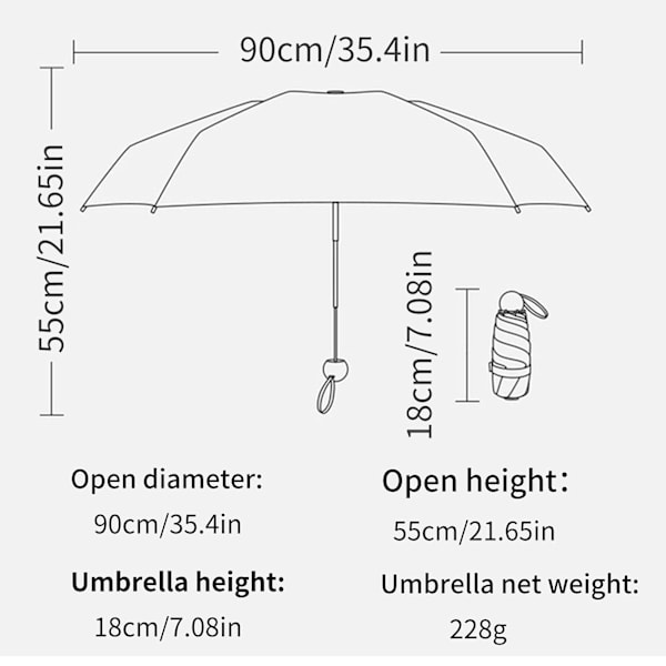 Resefällbart paraply, 6 ribbor Miniparaply Litet UV-paraply med kapselfodral Snabbtorkande och ultrakompakt fällbart paraply 90 x 55 cm, svart
