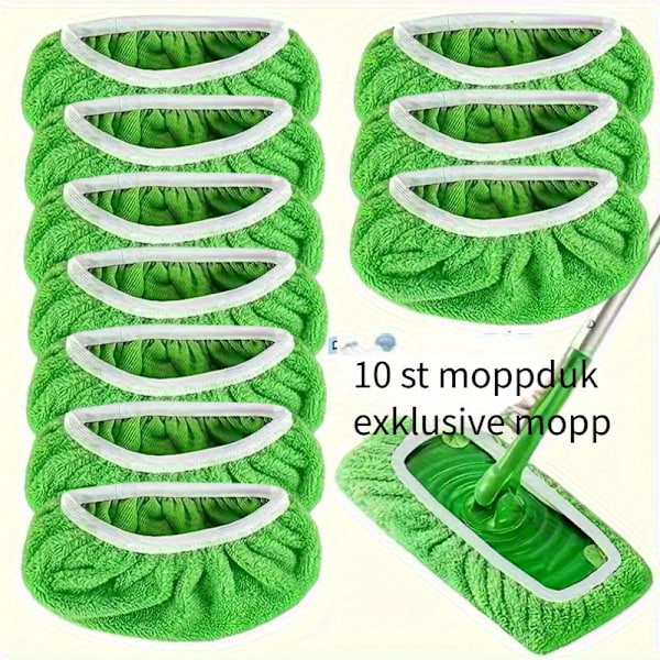 10 genanvendelige moppepuder, vaskbare, absorberende, til flade mopper Grön