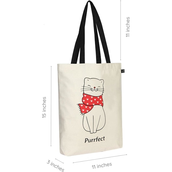 EcoRight 100% Økologisk Canvas Tote Bag med Lynlås, Miljøvenlige Små Tote Bags til Kvinder til Rejser, Strand & Shopping Purrfect Cat