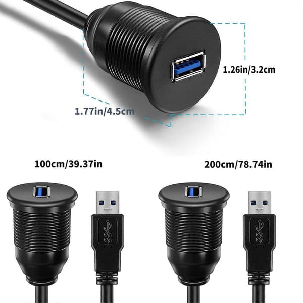 USB3.0 Han til Hun Auditory Flush Mount Kabel til Køretøj og Marinebrug Montering Dashbord Dock Adapter Støvtæt 2m